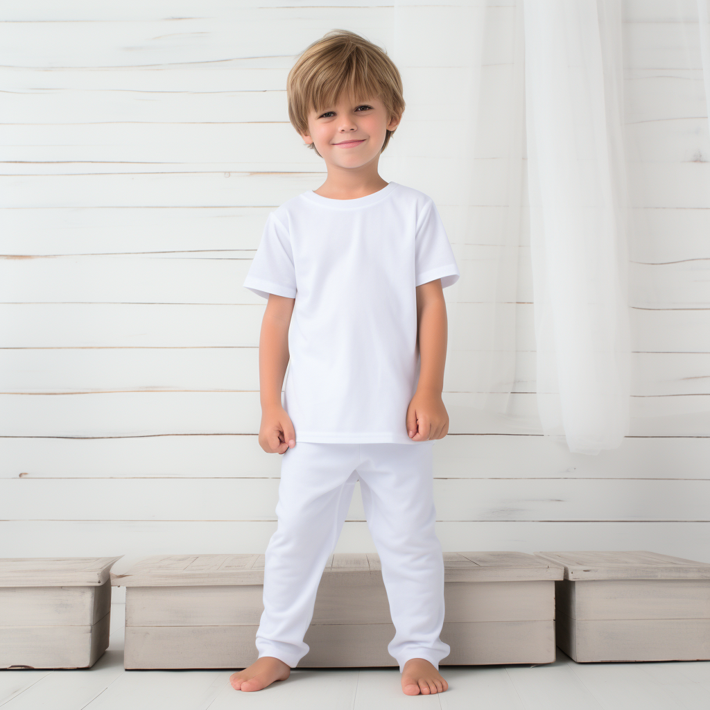 Child model wearing white summer PJs