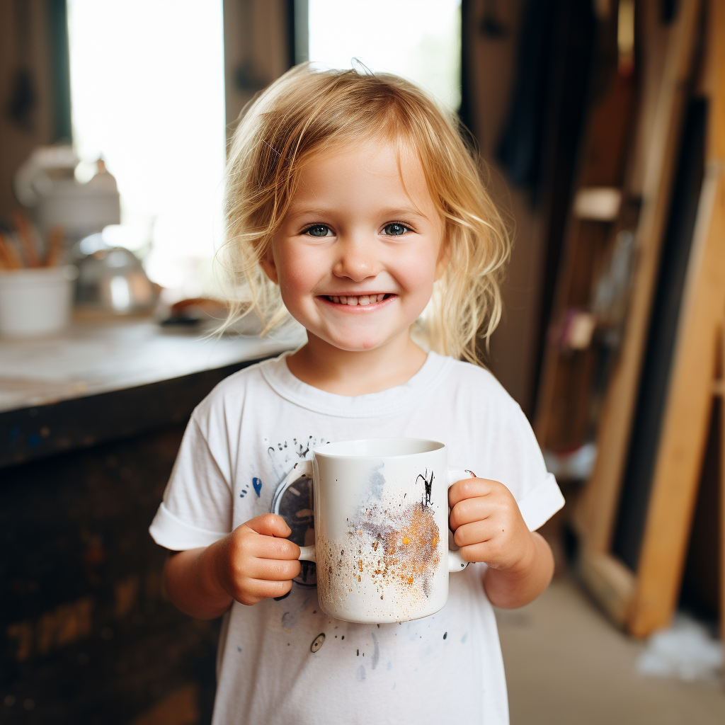 Child painting on a white mug .