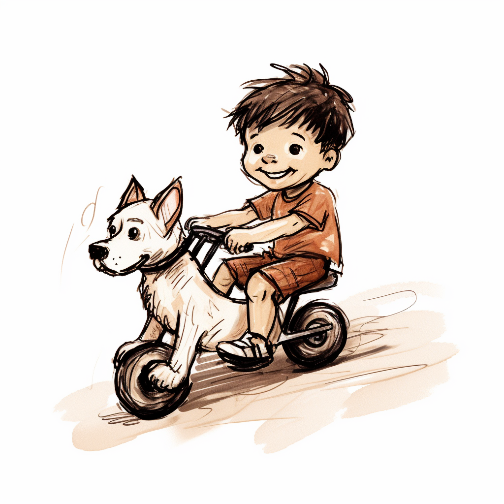 Child riding pet dog in Keith-style drawing