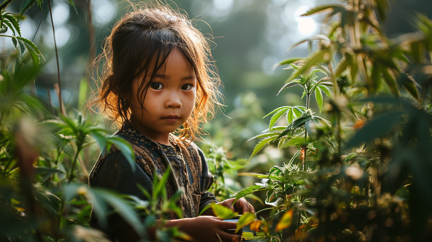 Child playing in front of cannabis wall