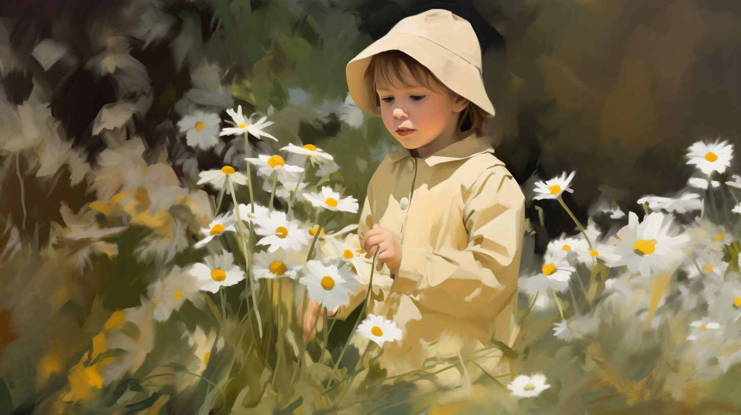 Child playing in daisy field