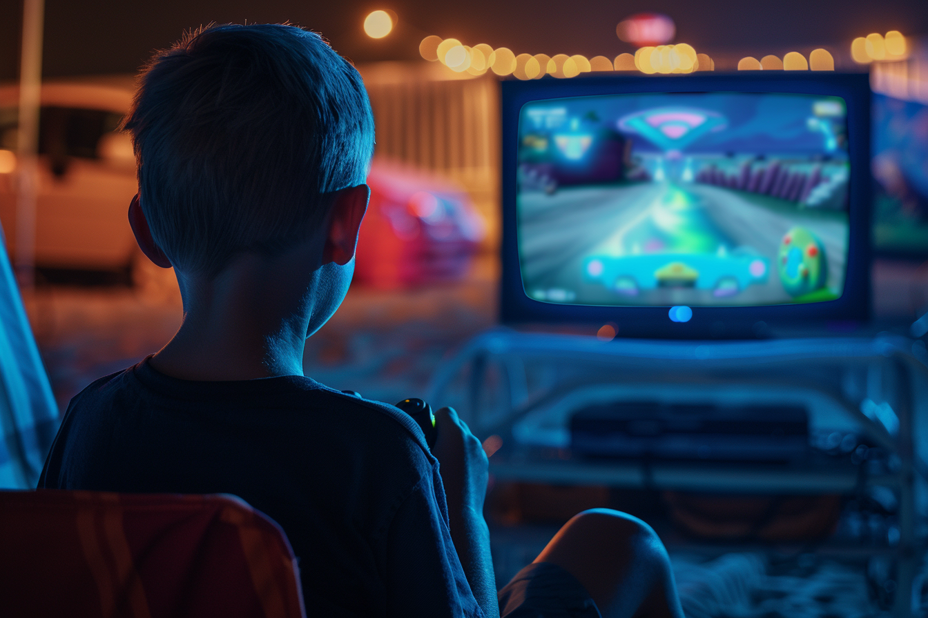 Child playing video games on beach