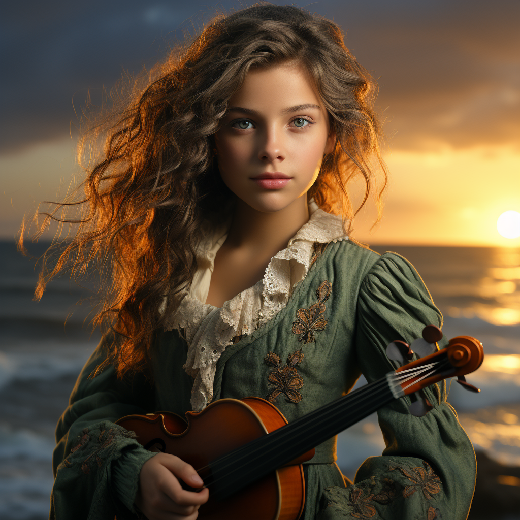 Child playing violin with curly hair