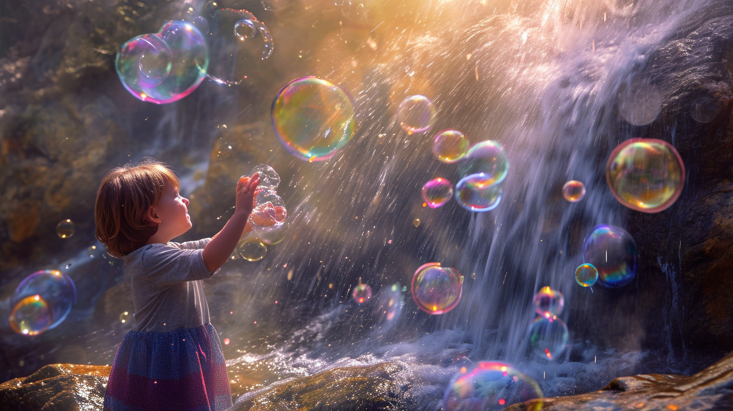 Child playing with waterfall and bubbles