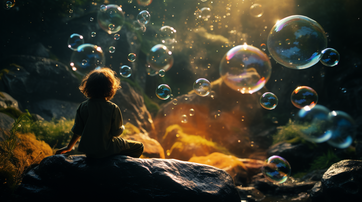 Child playing with waterfall and bubbles