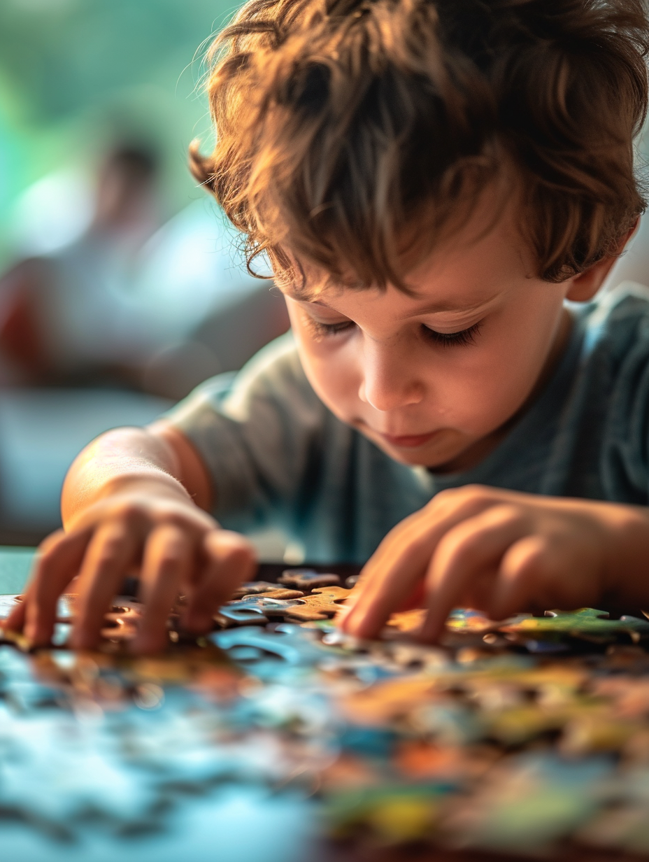 Child assembling puzzle focused