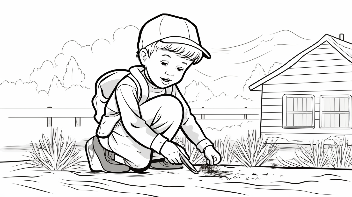 Child raking in blackline drawing style