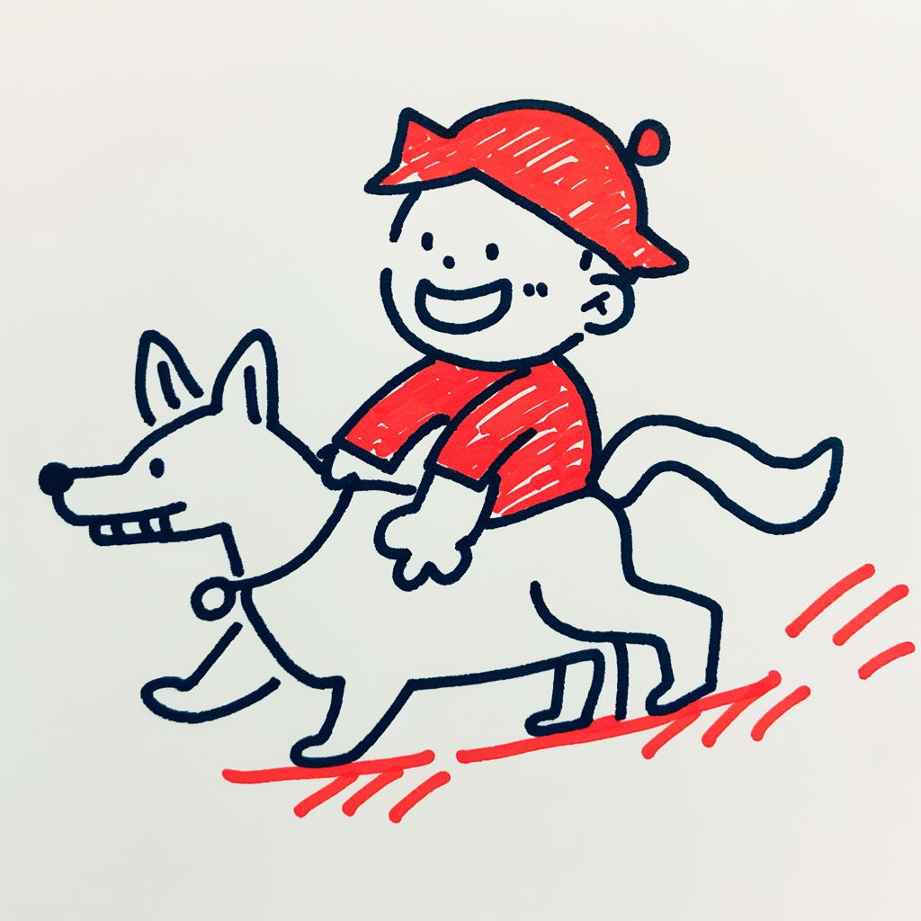 Child riding dog in minimalist marker drawing