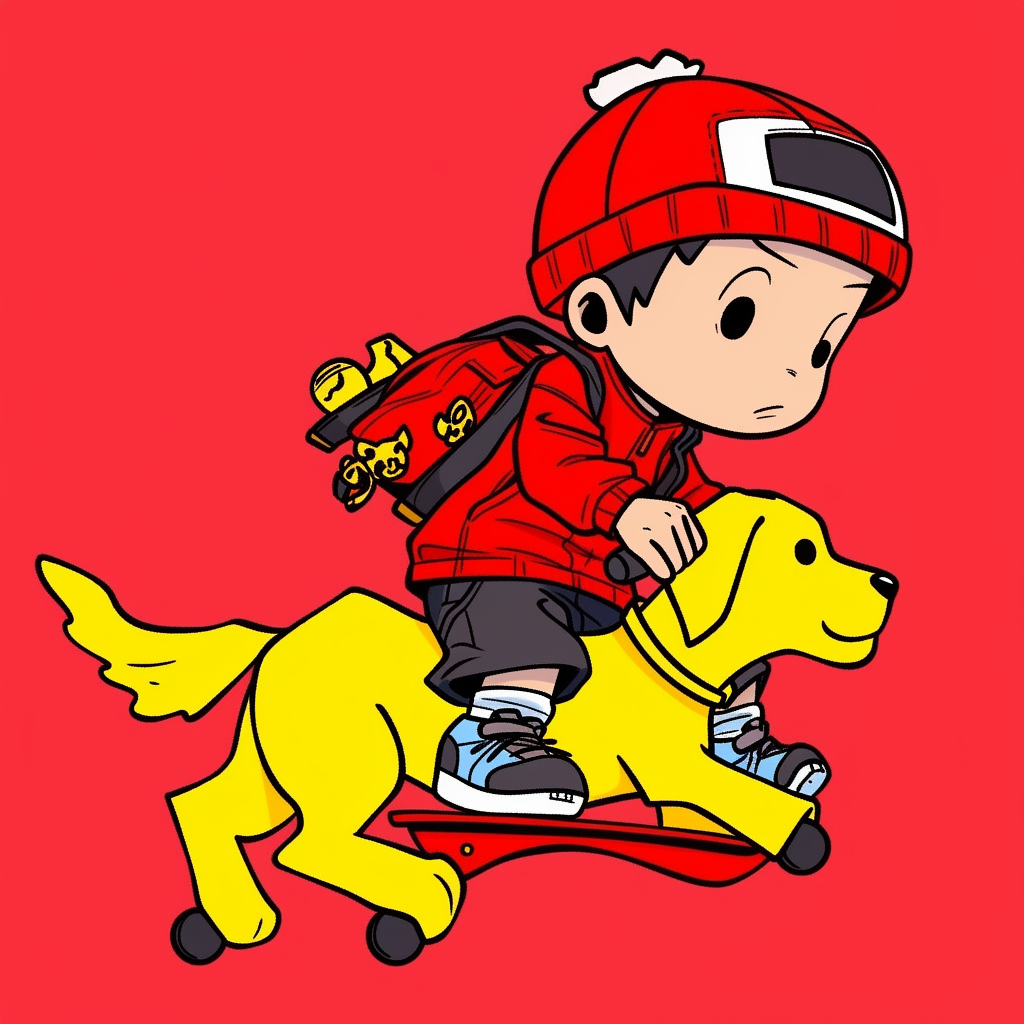 Playful child riding dog in Haring style