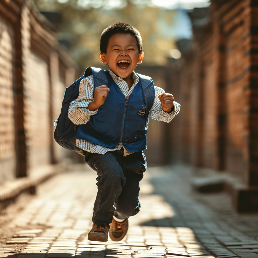 Happy child in blue uniform