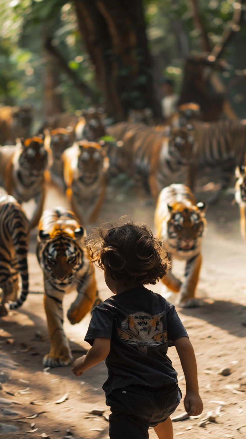 Child running from tigers scene