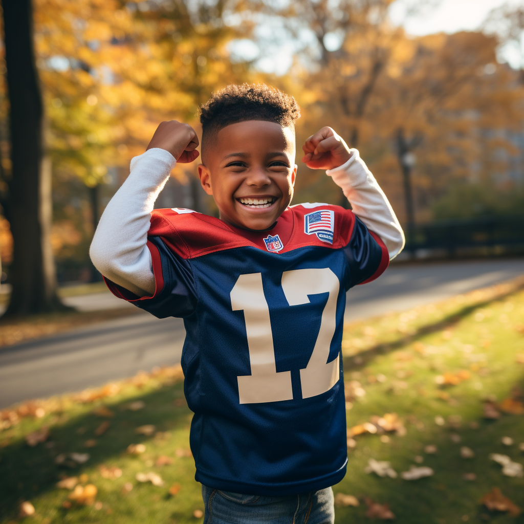 Child with big smile in football jersey