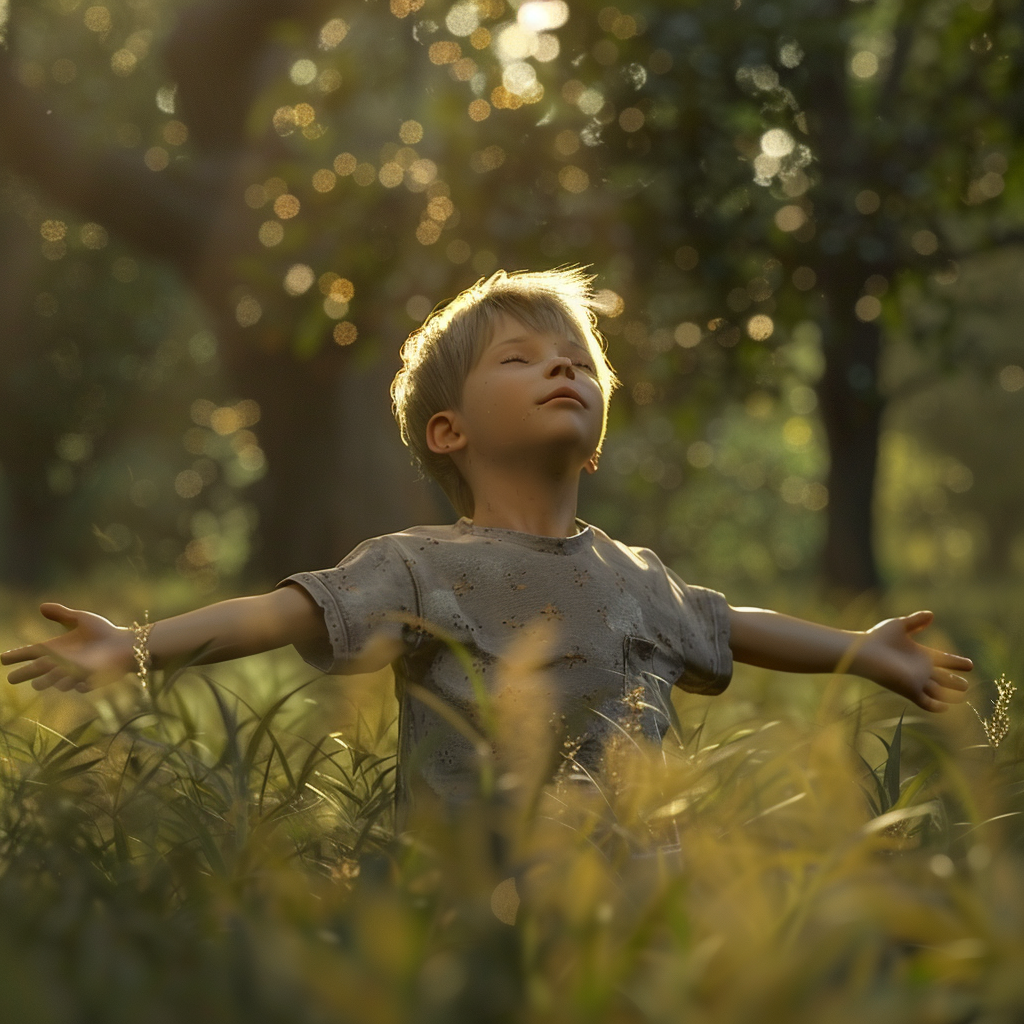 Child in meadow breathing deeply