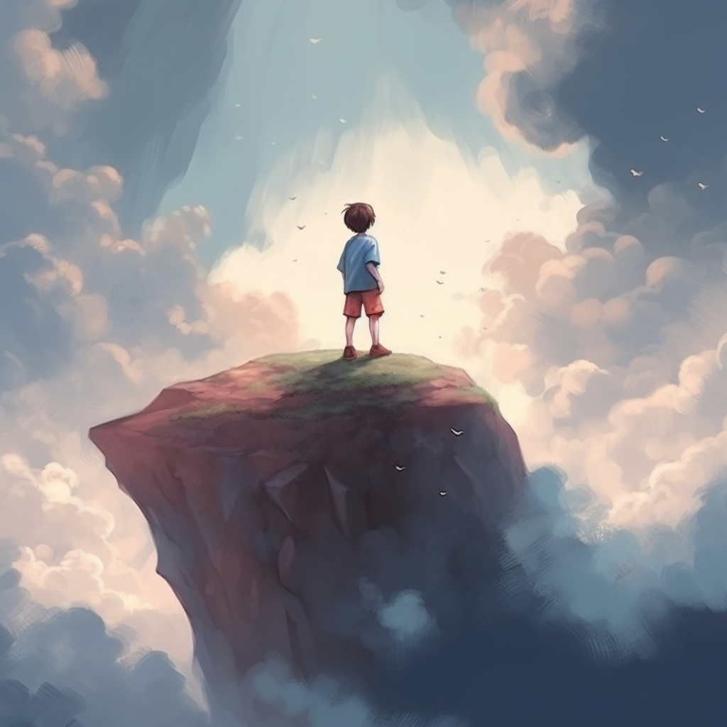 Child standing on cliff with sky as backdrop