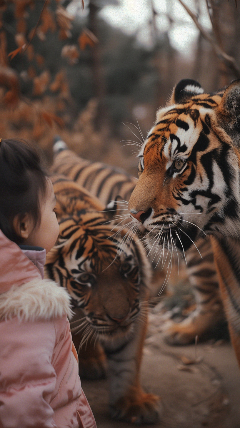 Child and Tigers Closeup Shot