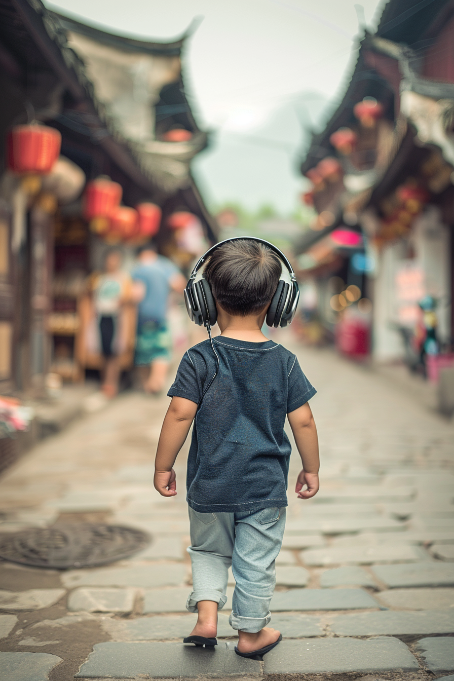 Child with gaming headphones walking city street