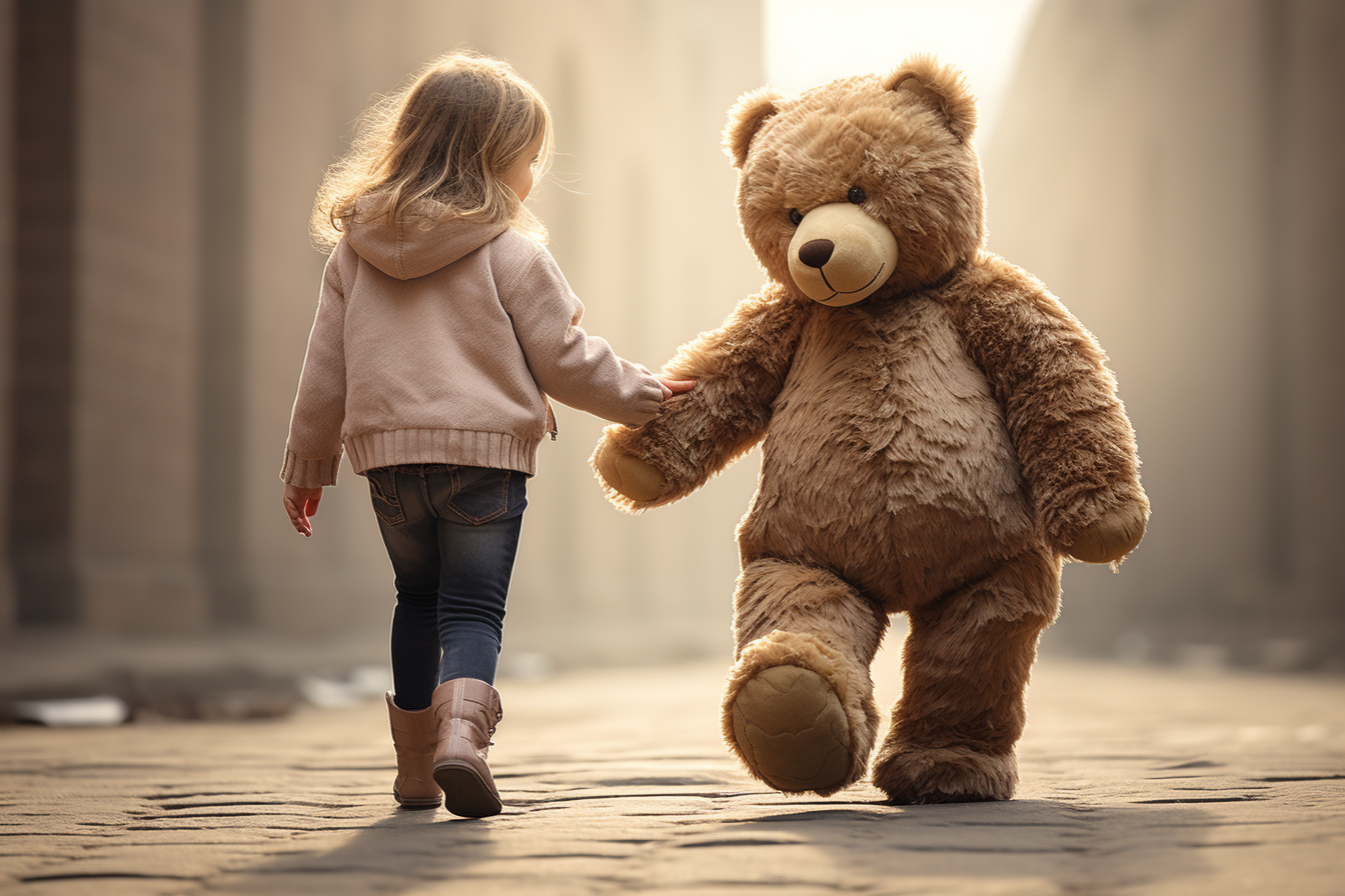 Child walking hand in hand with teddy bear