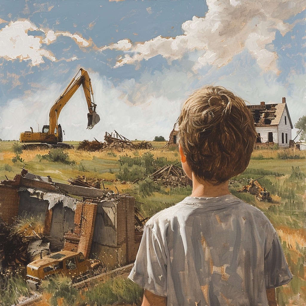 Child observing farmhouse demolition painting