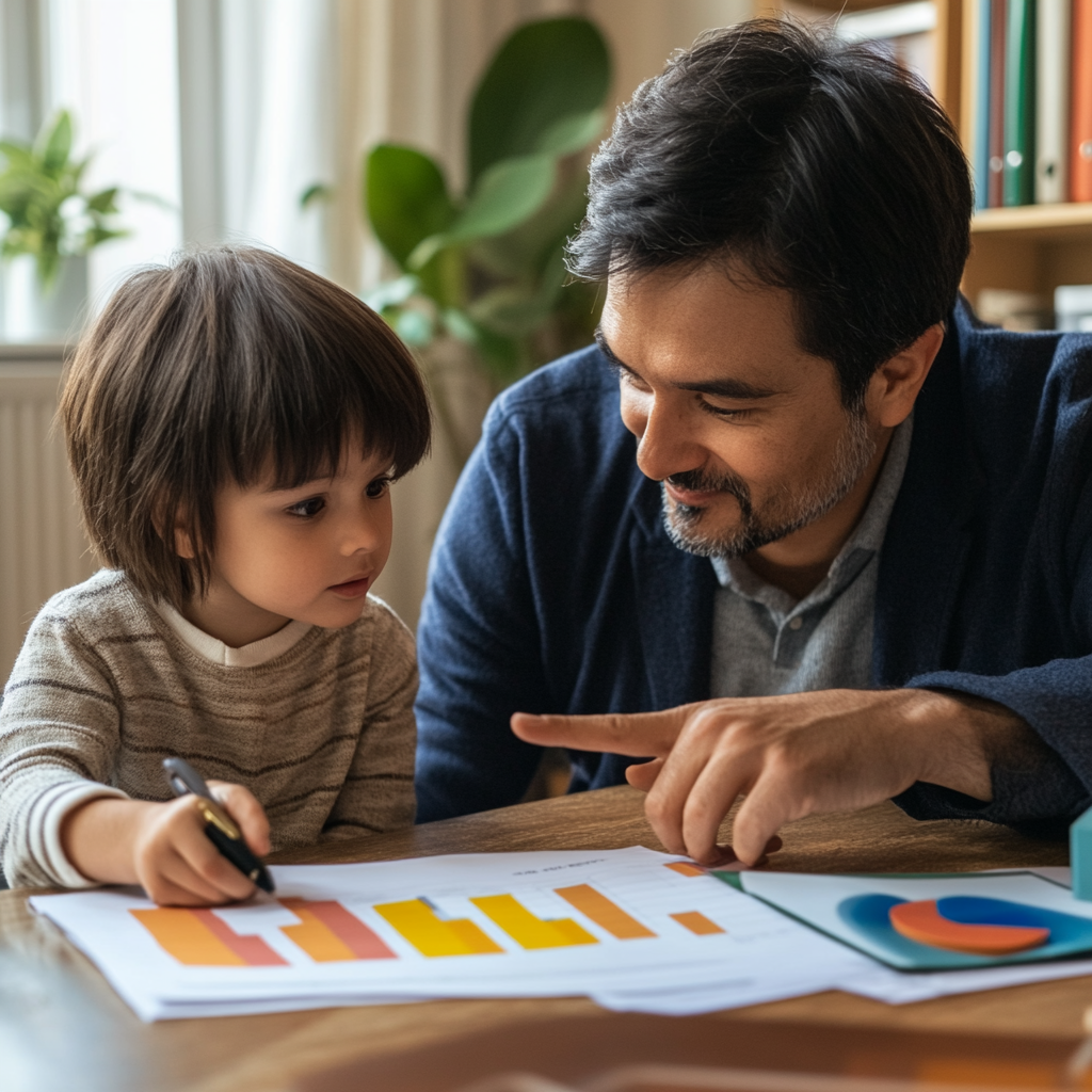 Young child and adult reviewing documents