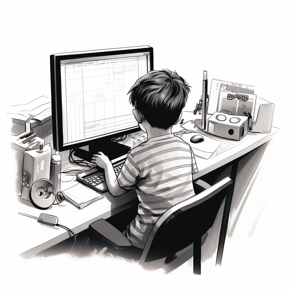 Black and White Child Sketch at Software Developer's Desk