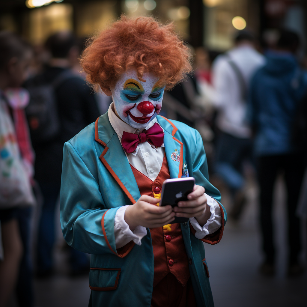 Child with curious expression watching clown's smartphone