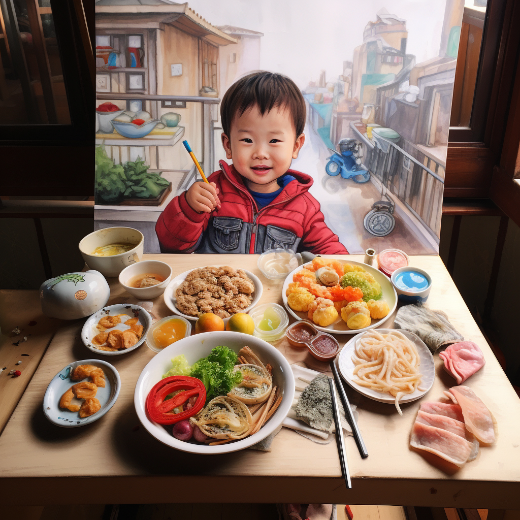 Colorful Child's Drawing of Food Cart