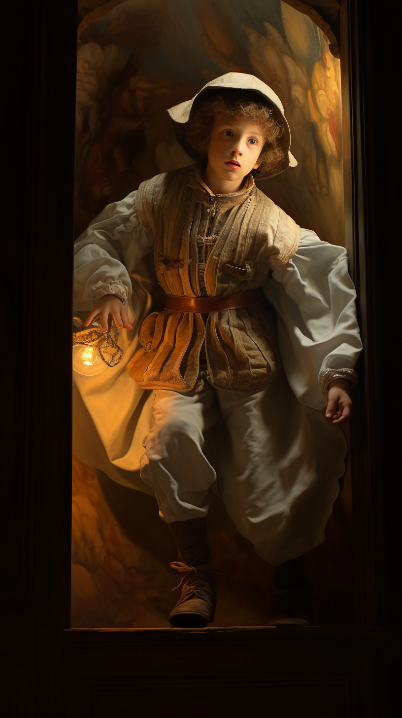 Child in Renaissance Clothing Falling into Underground Room