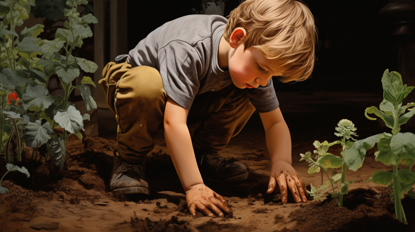 Child digging in garden with hyperrealistic details