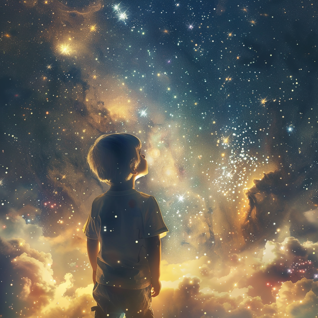 Child gazing at universe sky