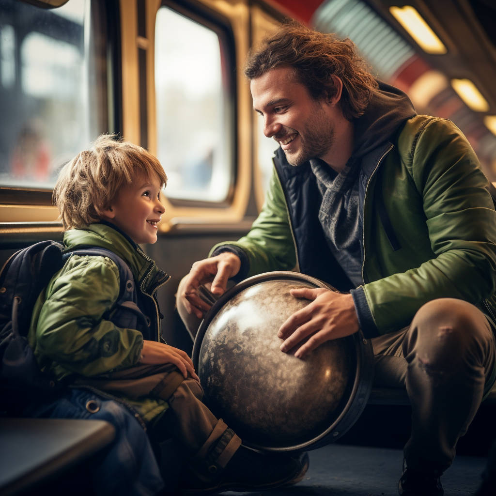 Child meets old man playing handpan instrument