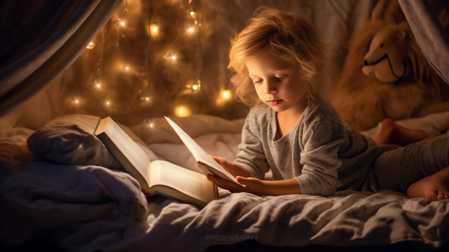 Six-year-old child reading book on bed