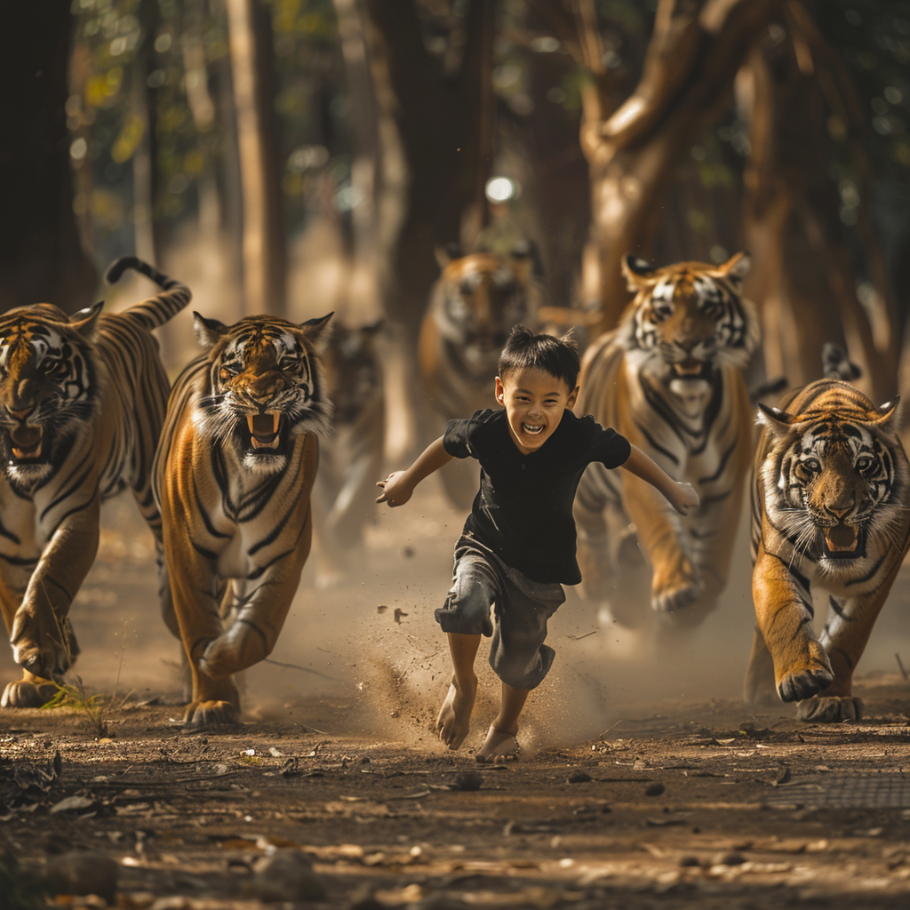 Child running away from tigers