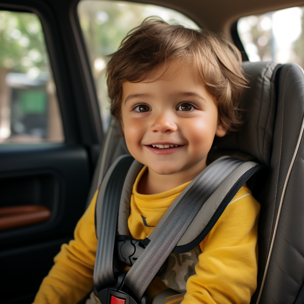 Smiling child sitting in new car with seat belt