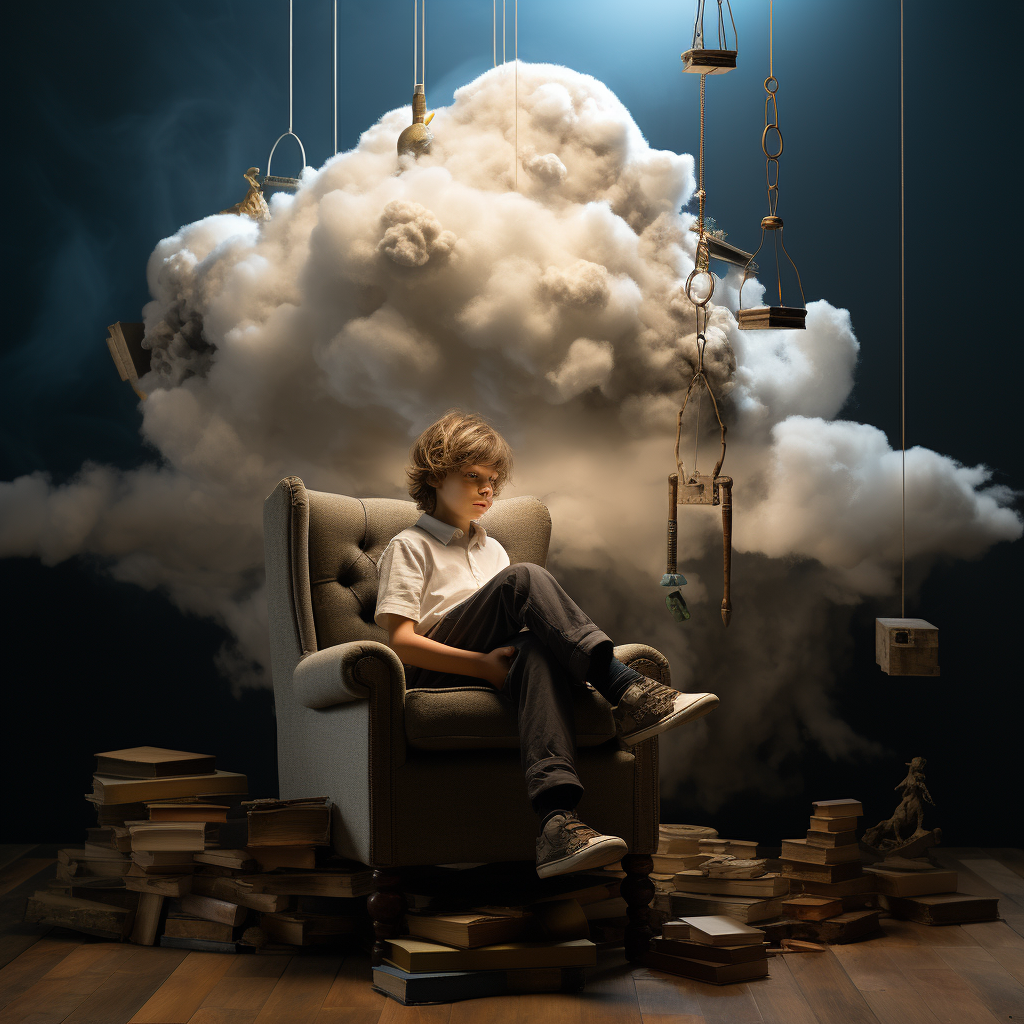 Child sitting on cloud sculpture