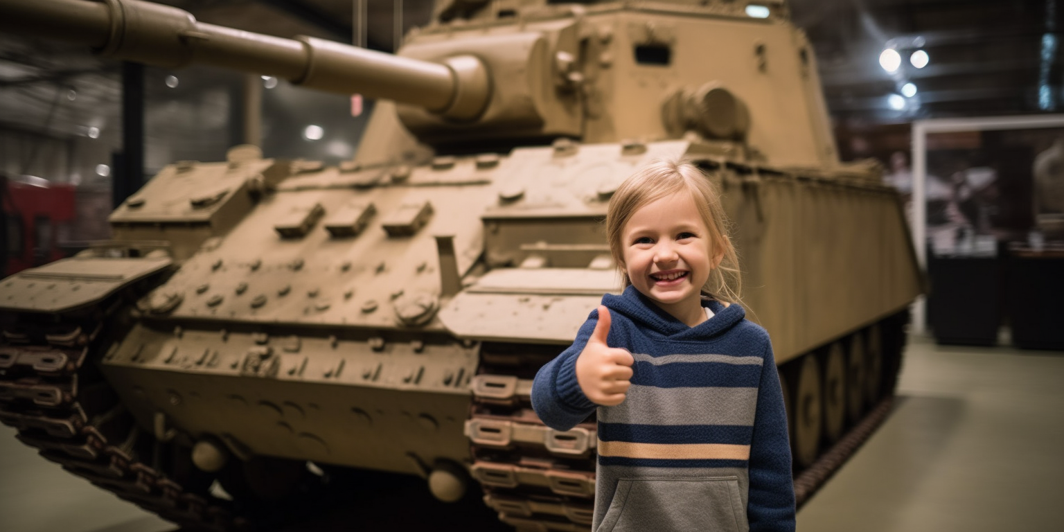 Child giving thumbs up to tank