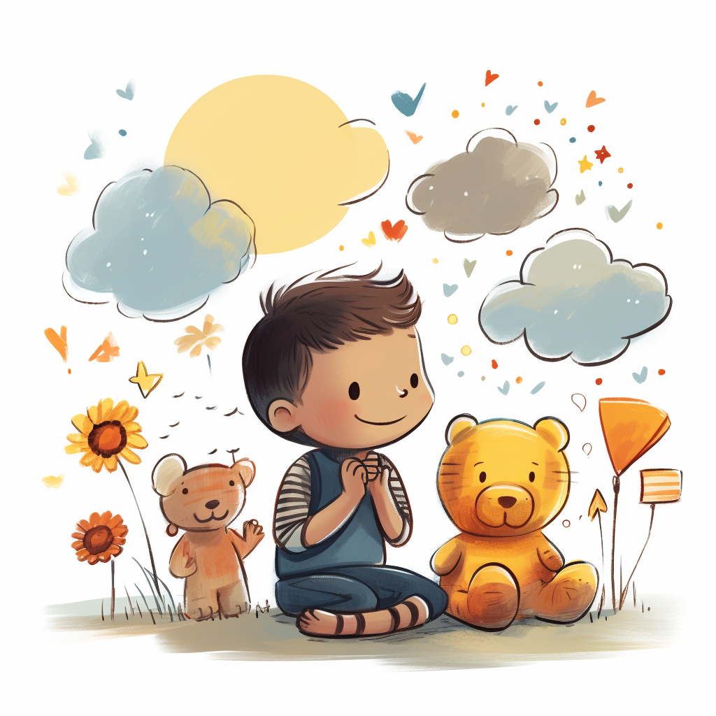 Child with Thought Bubble: Thankful for Friends, Flowers, Rainbows