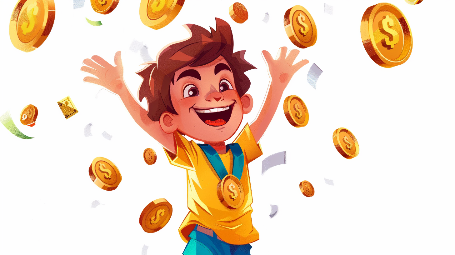 Child smiling with money and medal