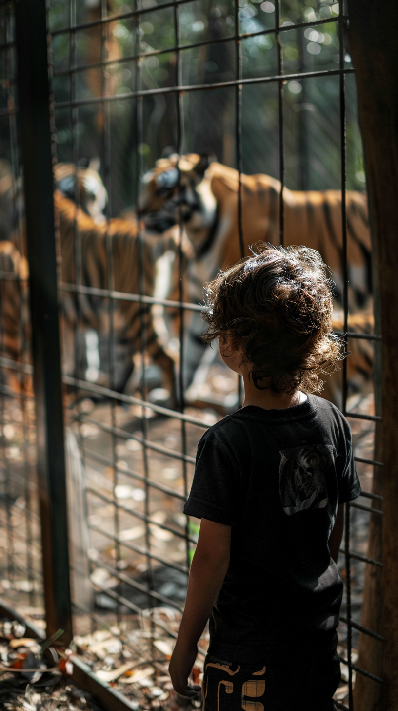 child and tigers near cage