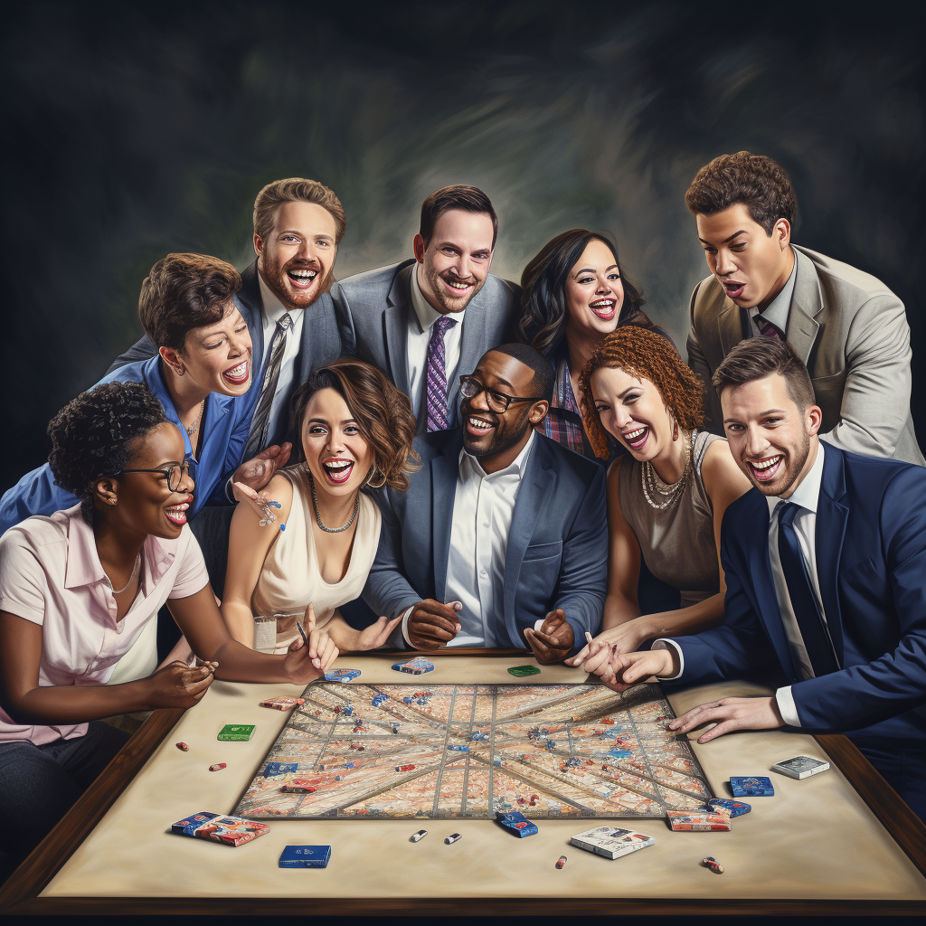 Adults playing childhood game in business attire