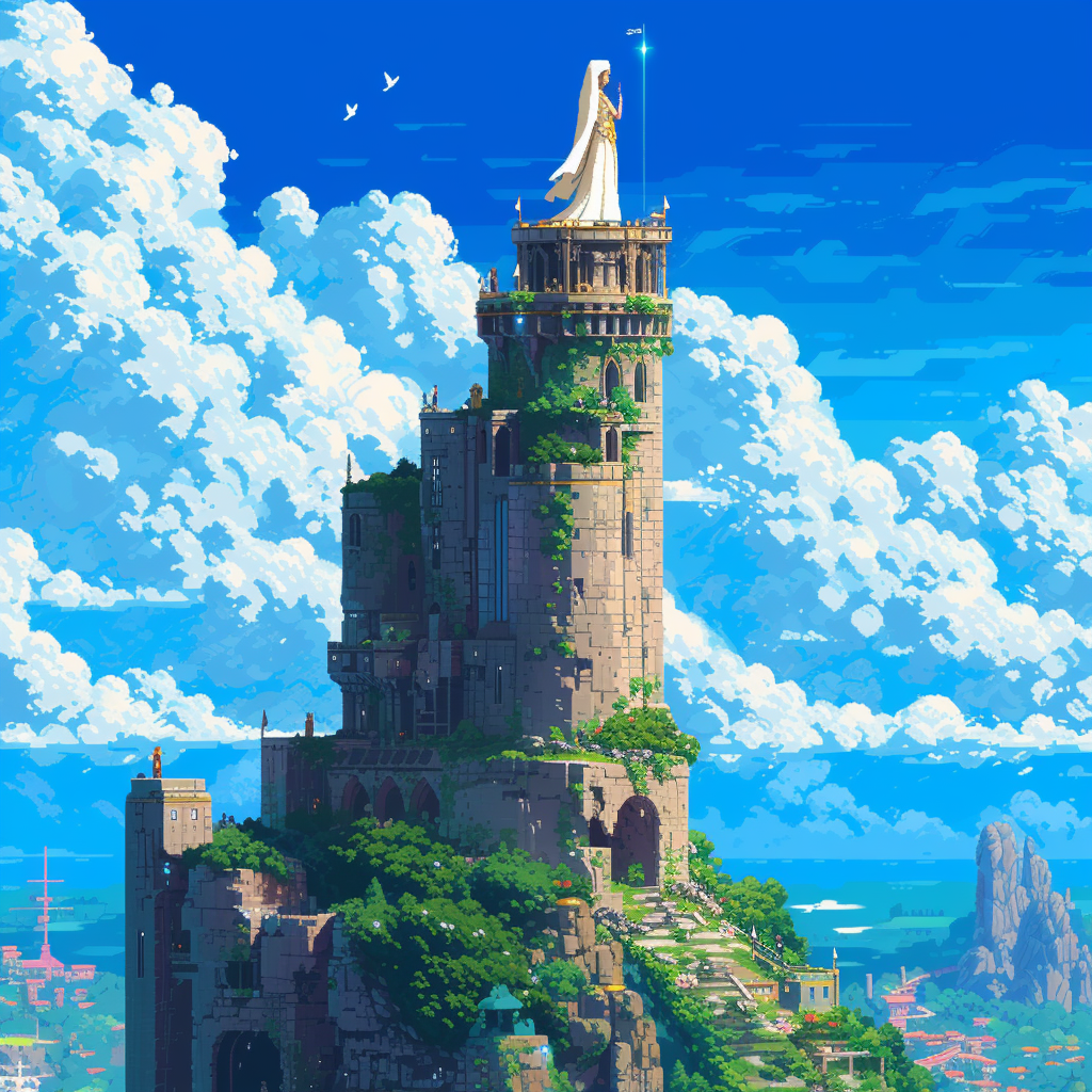 8-bit style childlike empress in tower