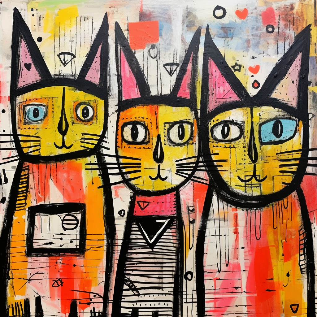 Artistic drawing of three cats in children's style