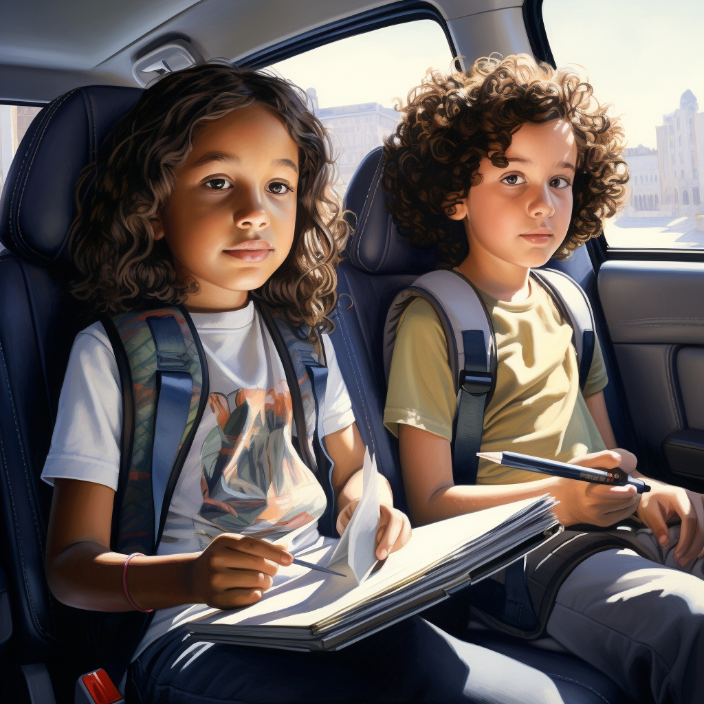 Two children safely strapped in a car