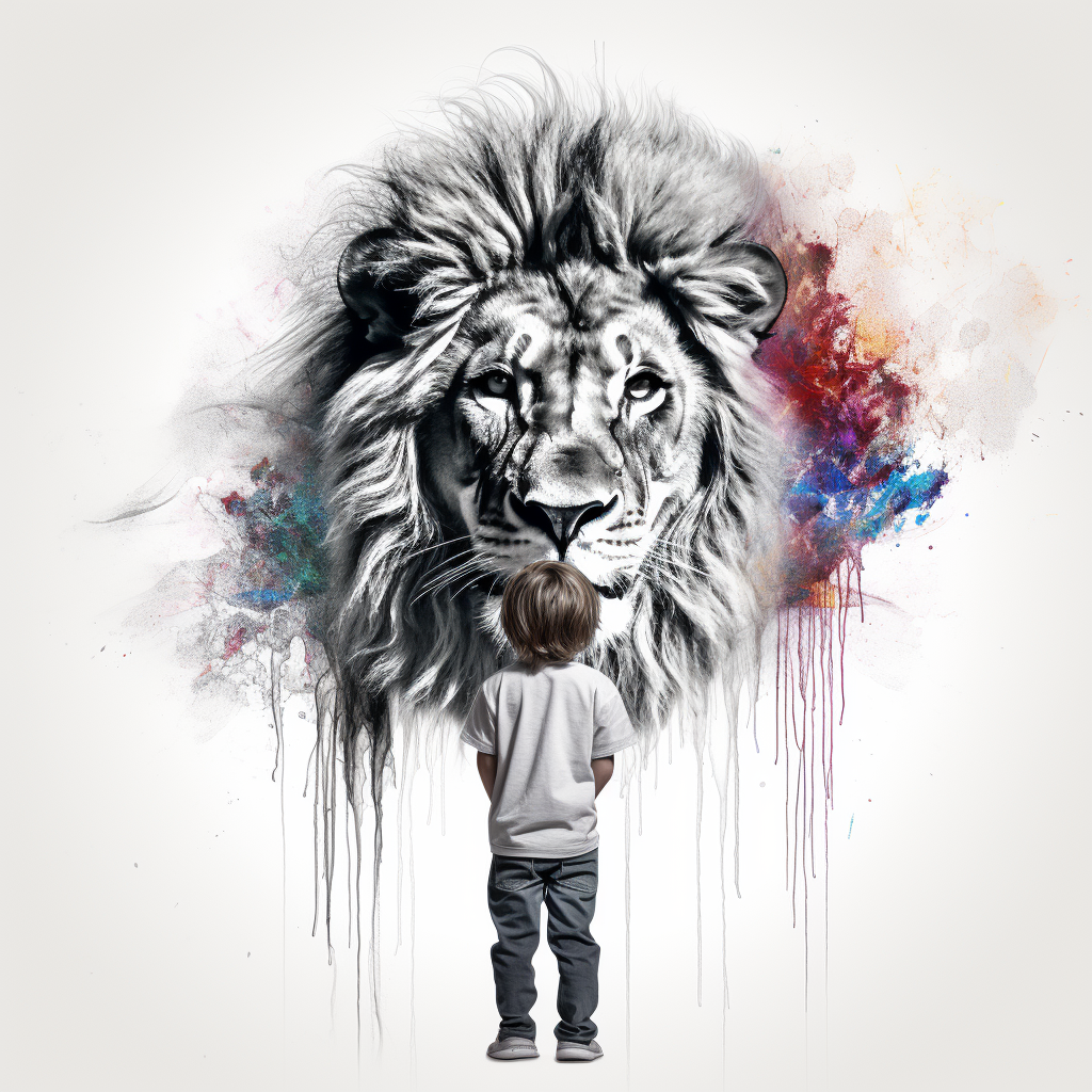 Children hiding behind lion on white background