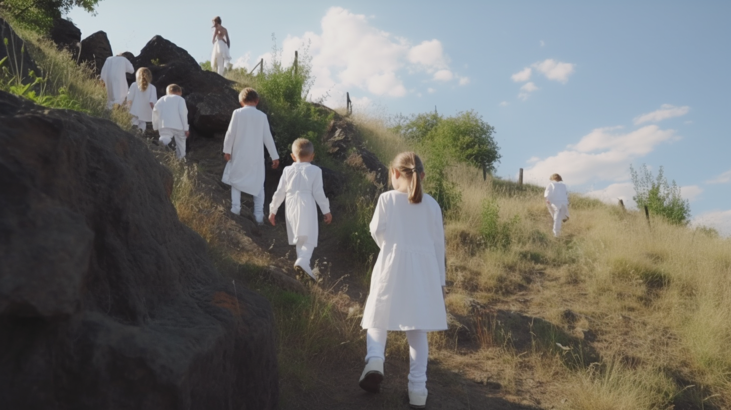 Children carrying rocks up hill