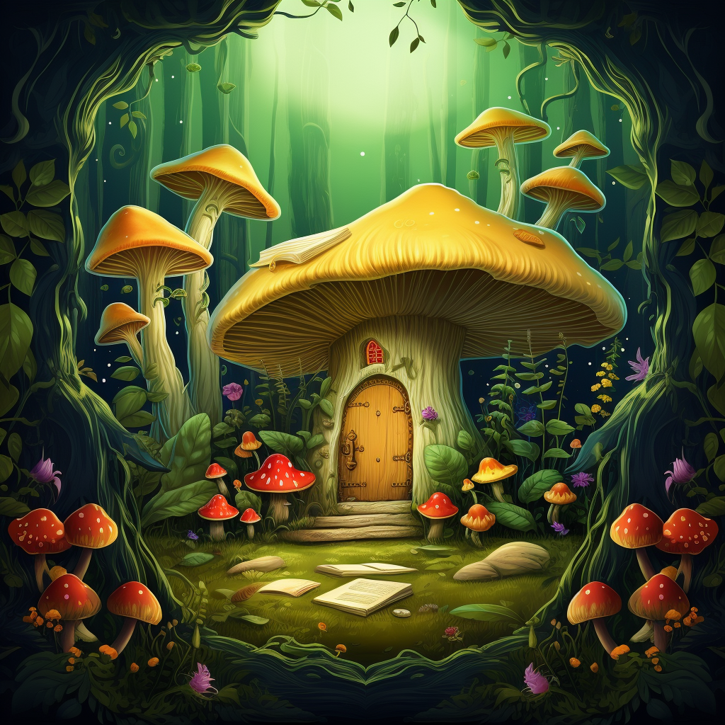 Cartoon-style Open Book with Forest and Mushrooms