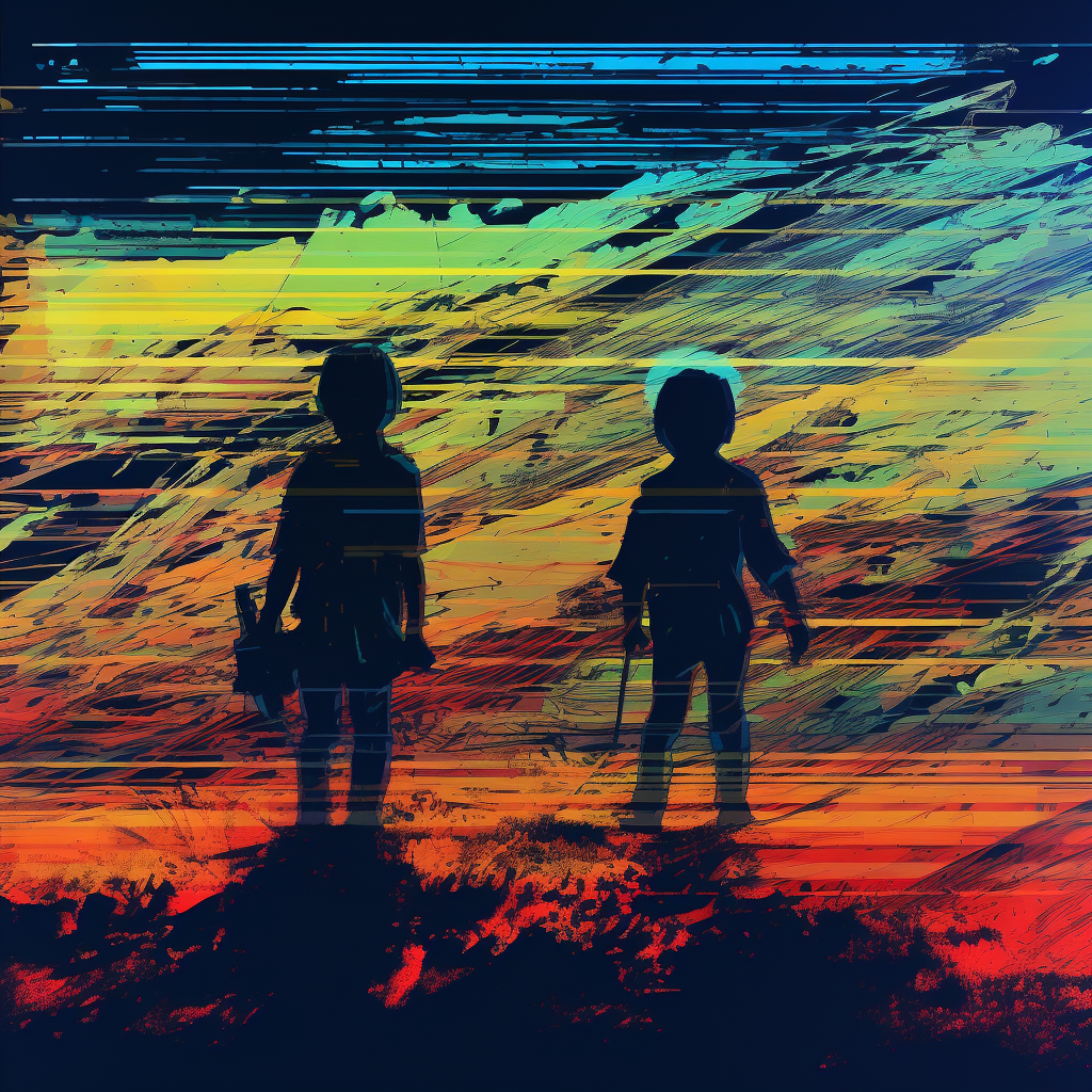 Children fighting with VHS glitch texture