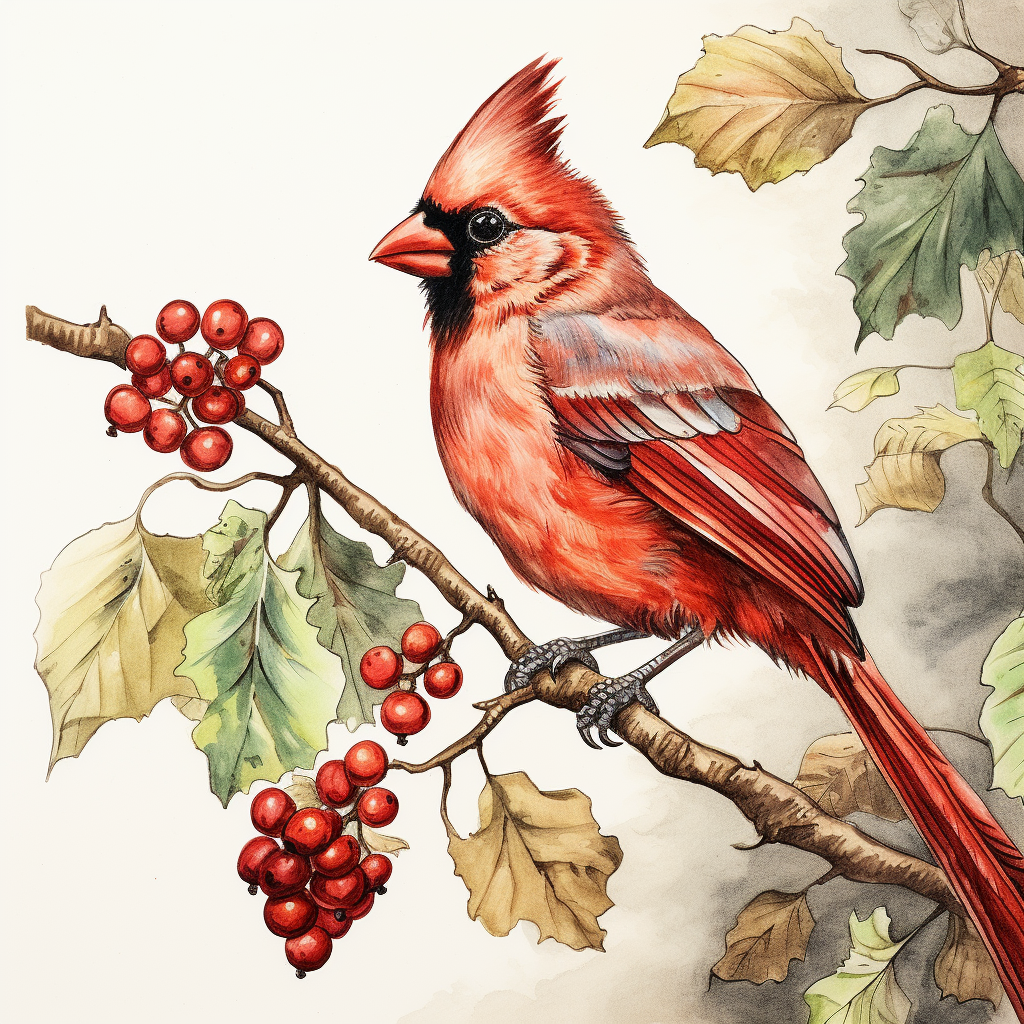 Children hand drawn cardinal hopping acorn branch