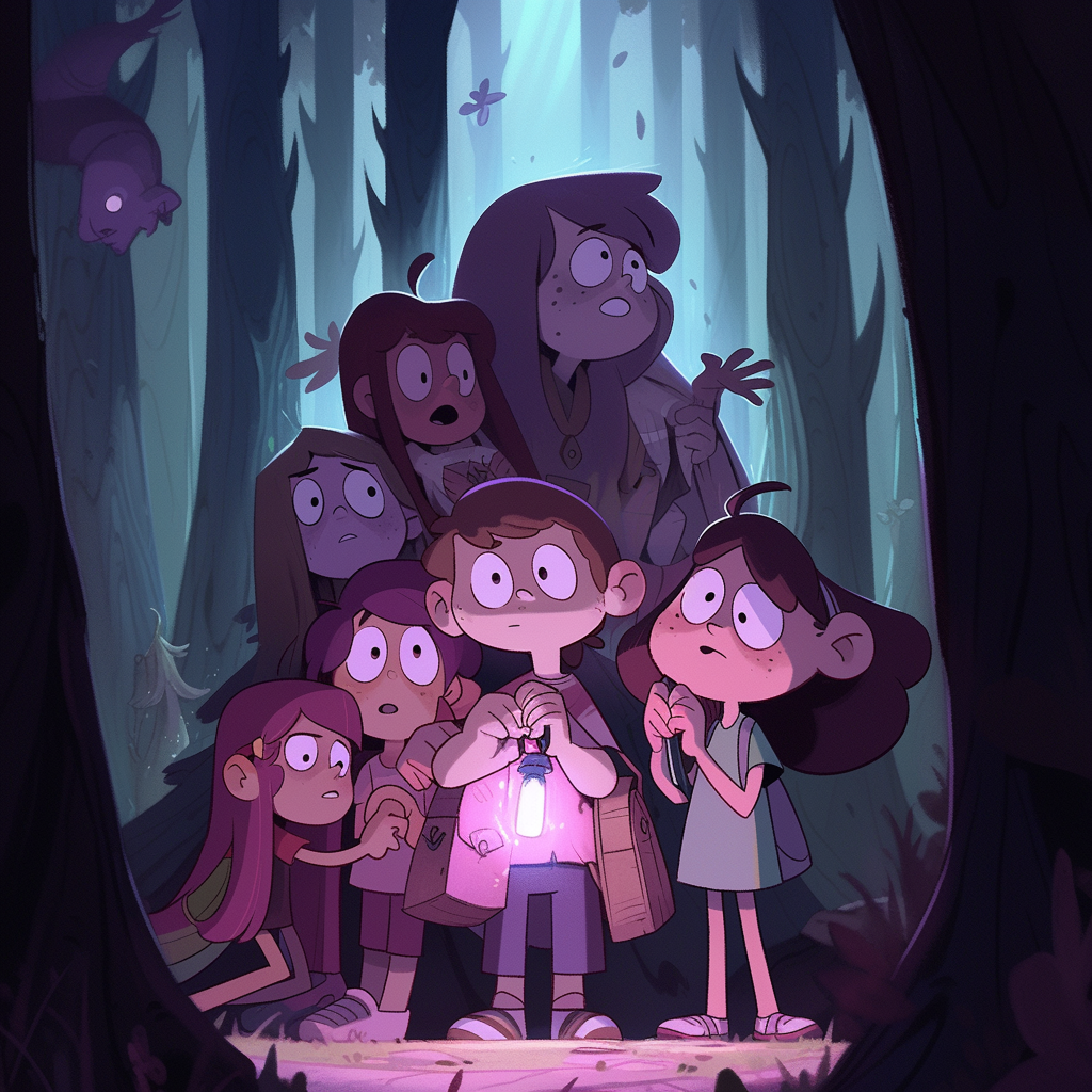 Group of children in a dark forest