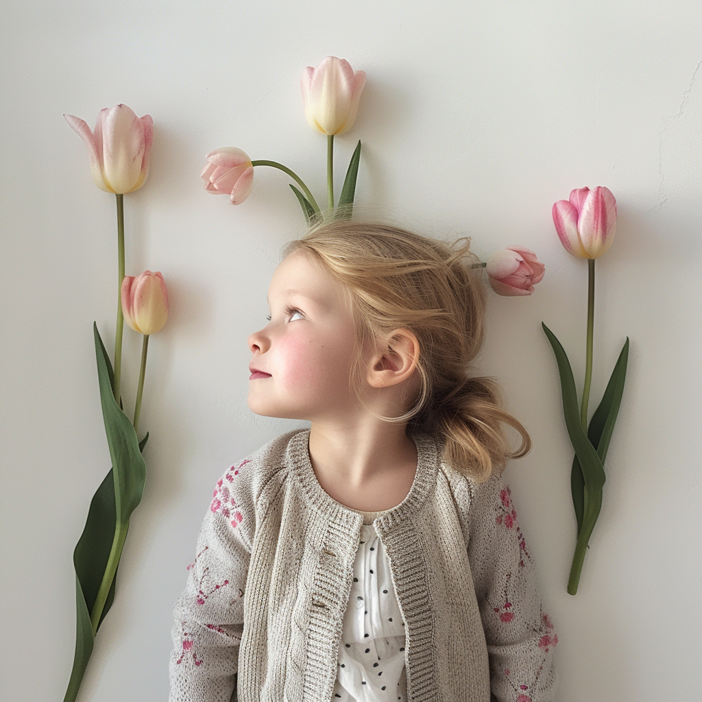 Children with Tulips on White Wall