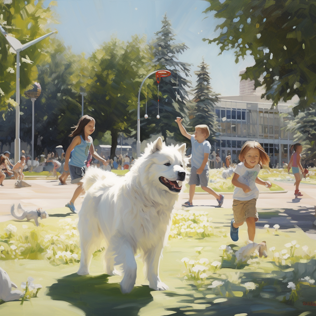 Children playing with white dog in sunny park